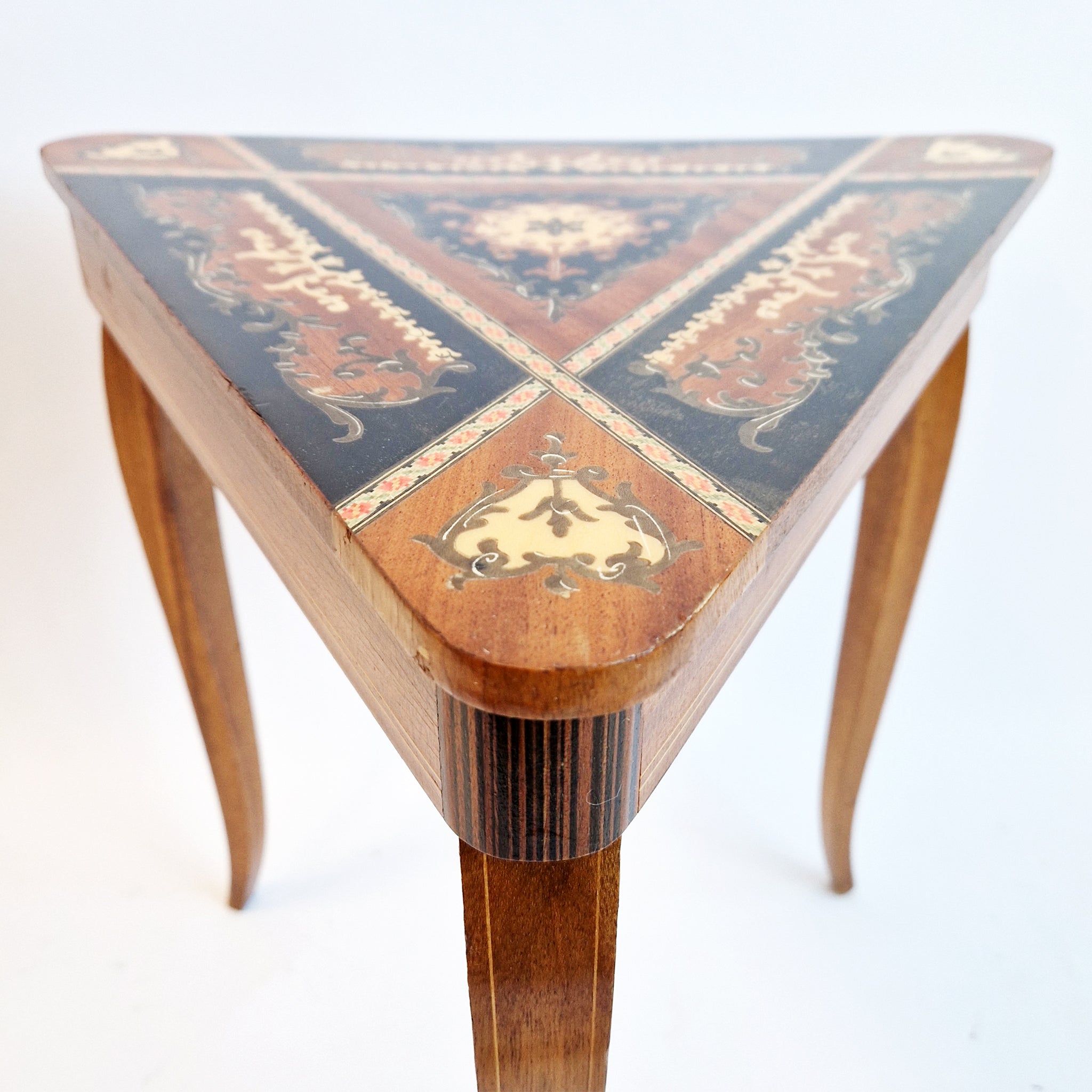 Vintage Italian triangular side table with music box