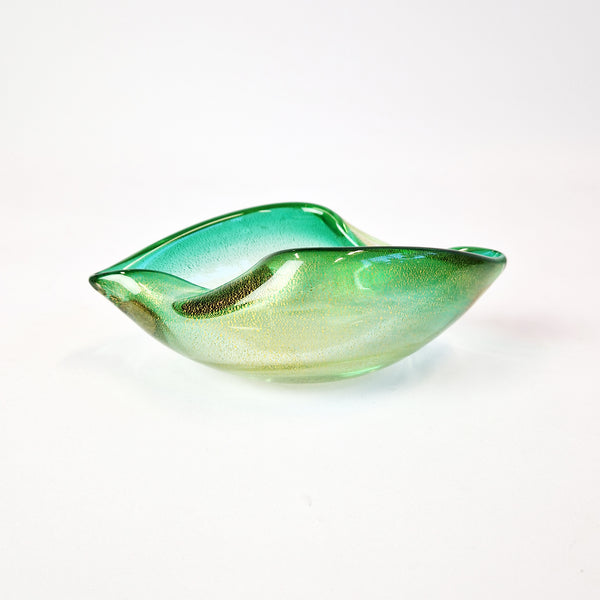 Vintage Murano green glass bowl with gold flecks